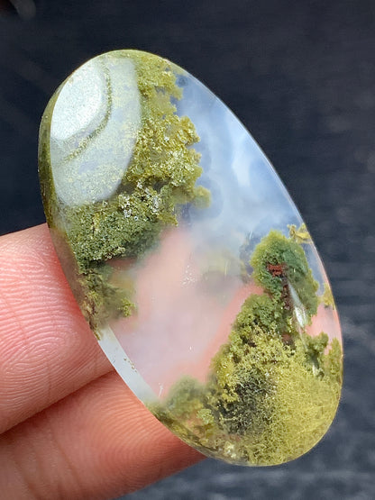 Scenic Moss Agate Oval Cabochon 36x22.2x4.5 mm with Underwater Scenery Patterns