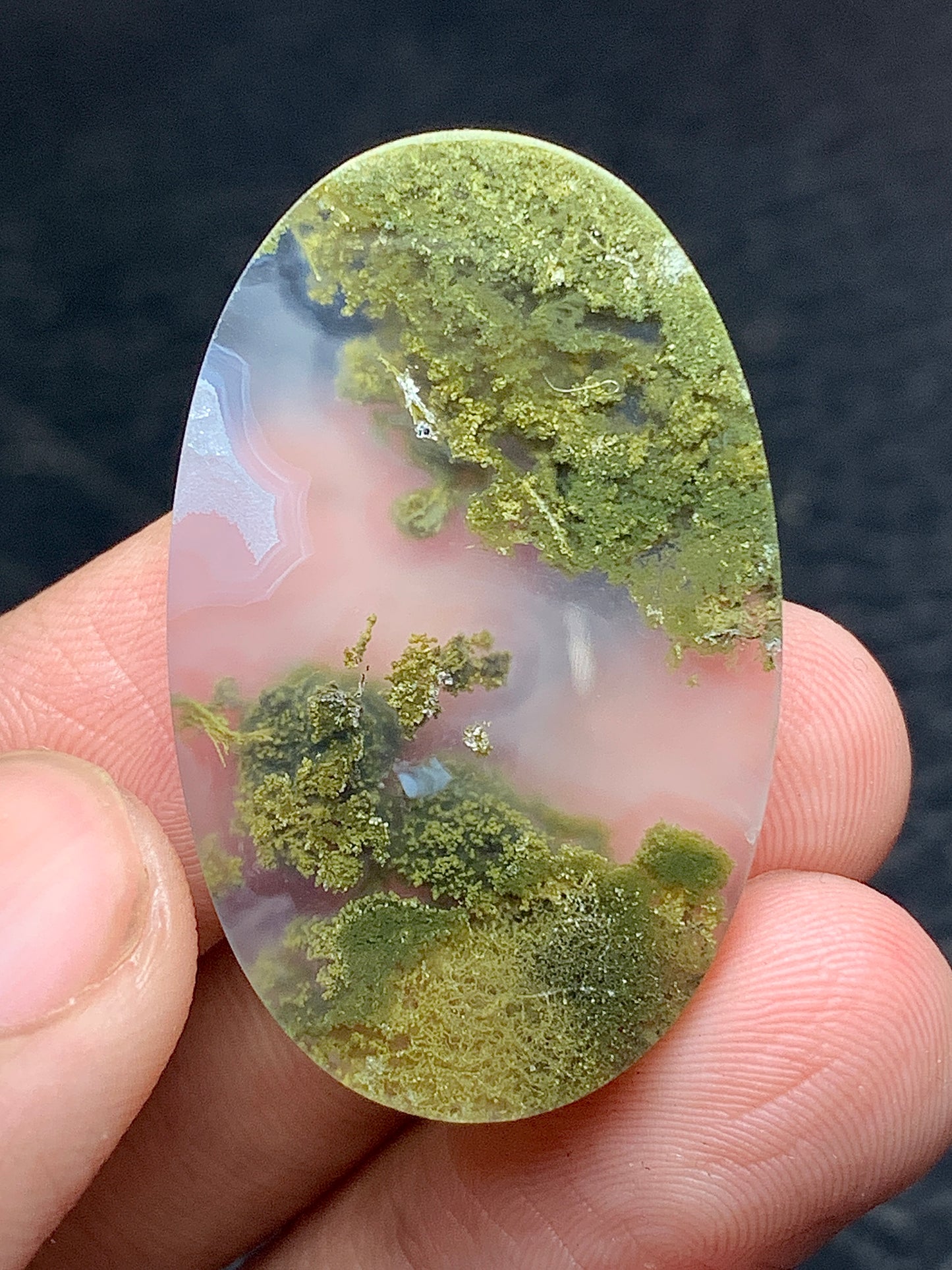 Scenic Moss Agate Oval Cabochon 36x22.2x4.5 mm with Underwater Scenery Patterns