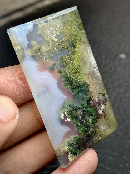 Scenic Moss Agate Cabochon 52.5x32x5 mm with Underwater Landscape Patterns