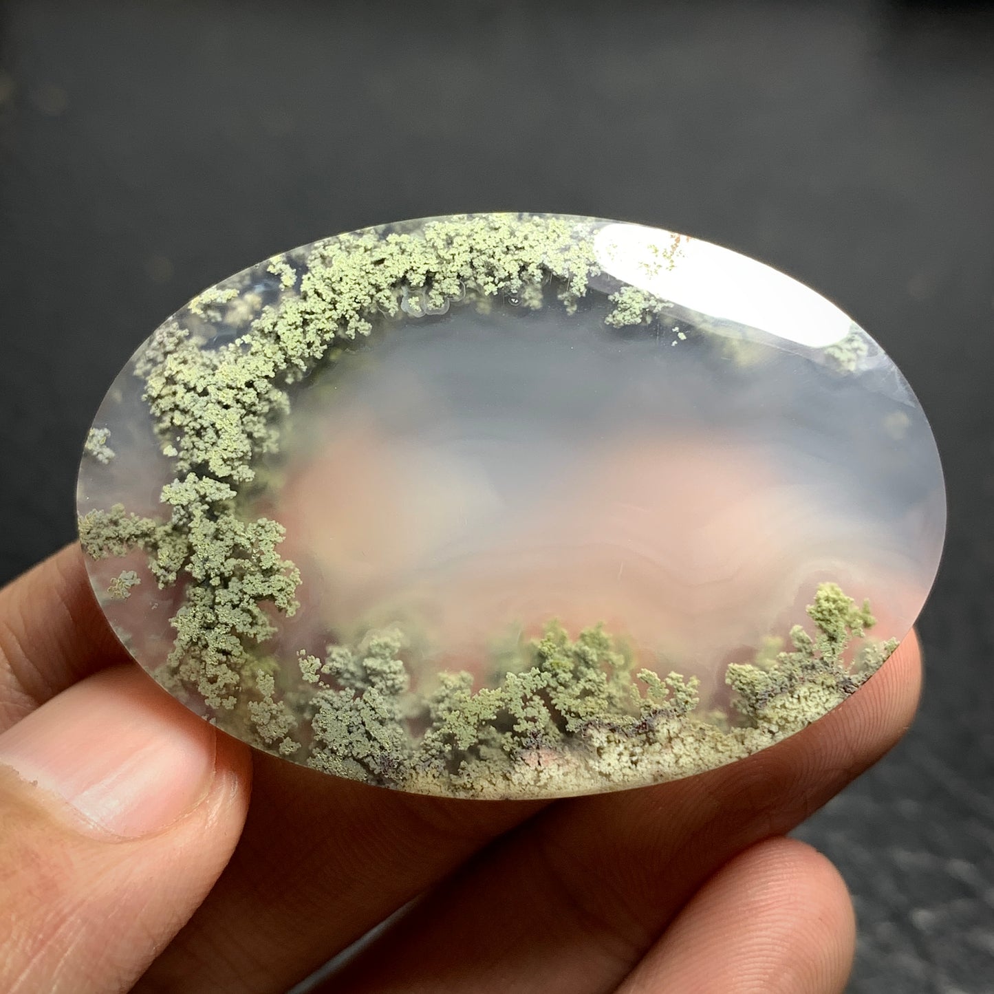 Scenic Moss Agate Oval Cabochon 47x32x7mm High Quality with Lake Pattern