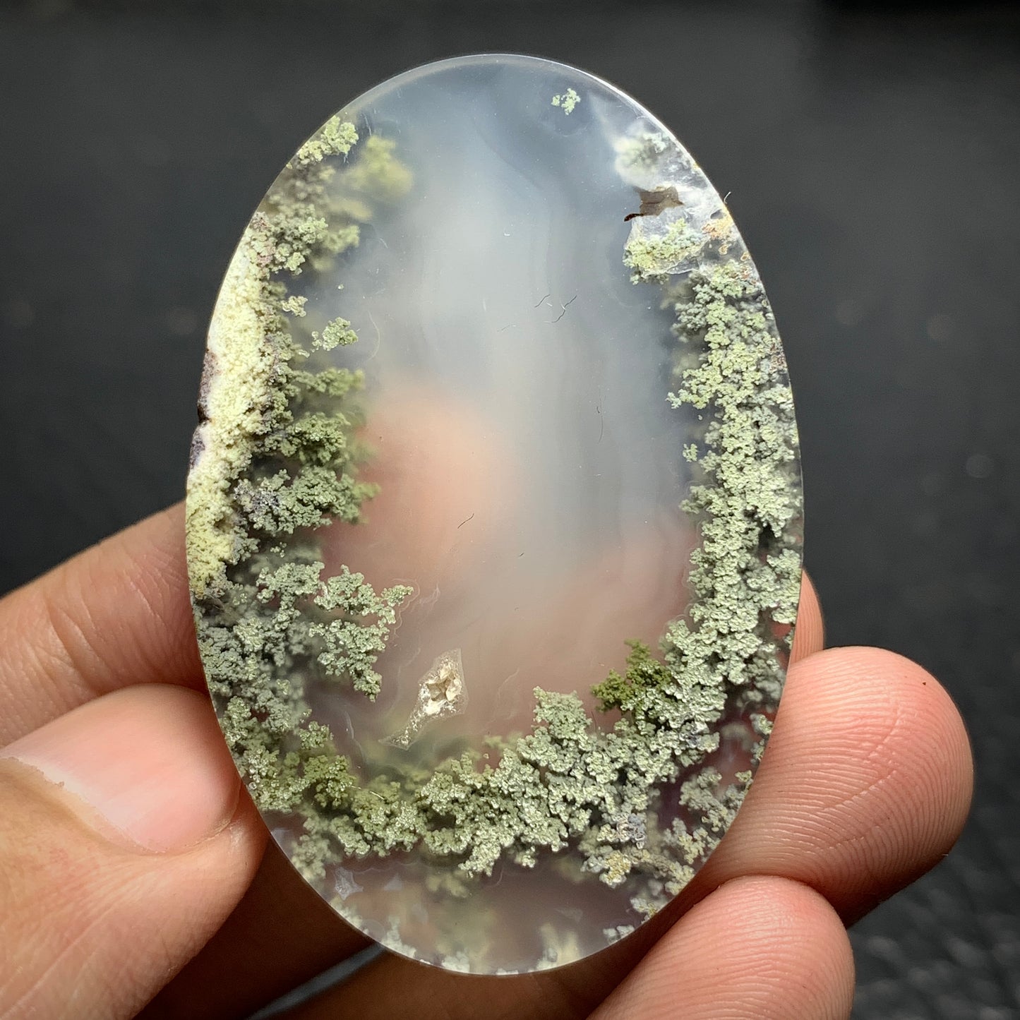 Scenic Moss Agate Oval Cabochon 47x32x7mm High Quality with Lake Pattern