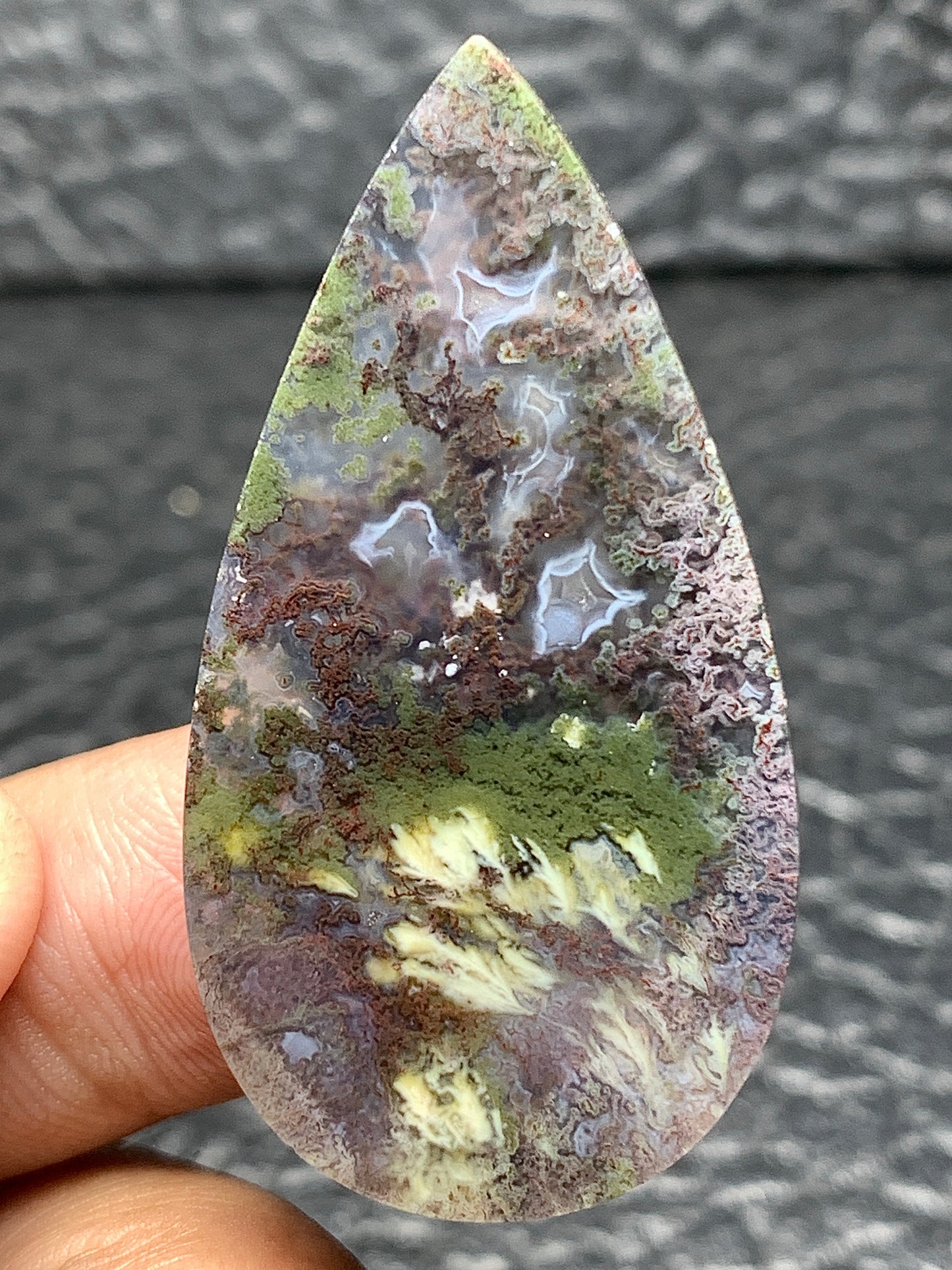 Scenic Moss Agate Teardrop Cabochon 42x22x5mm