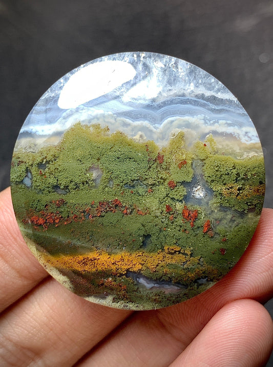 Scenic Moss Agate Round Cabochon 38x38x6.5 mm with Cloud-Like Chalcedony