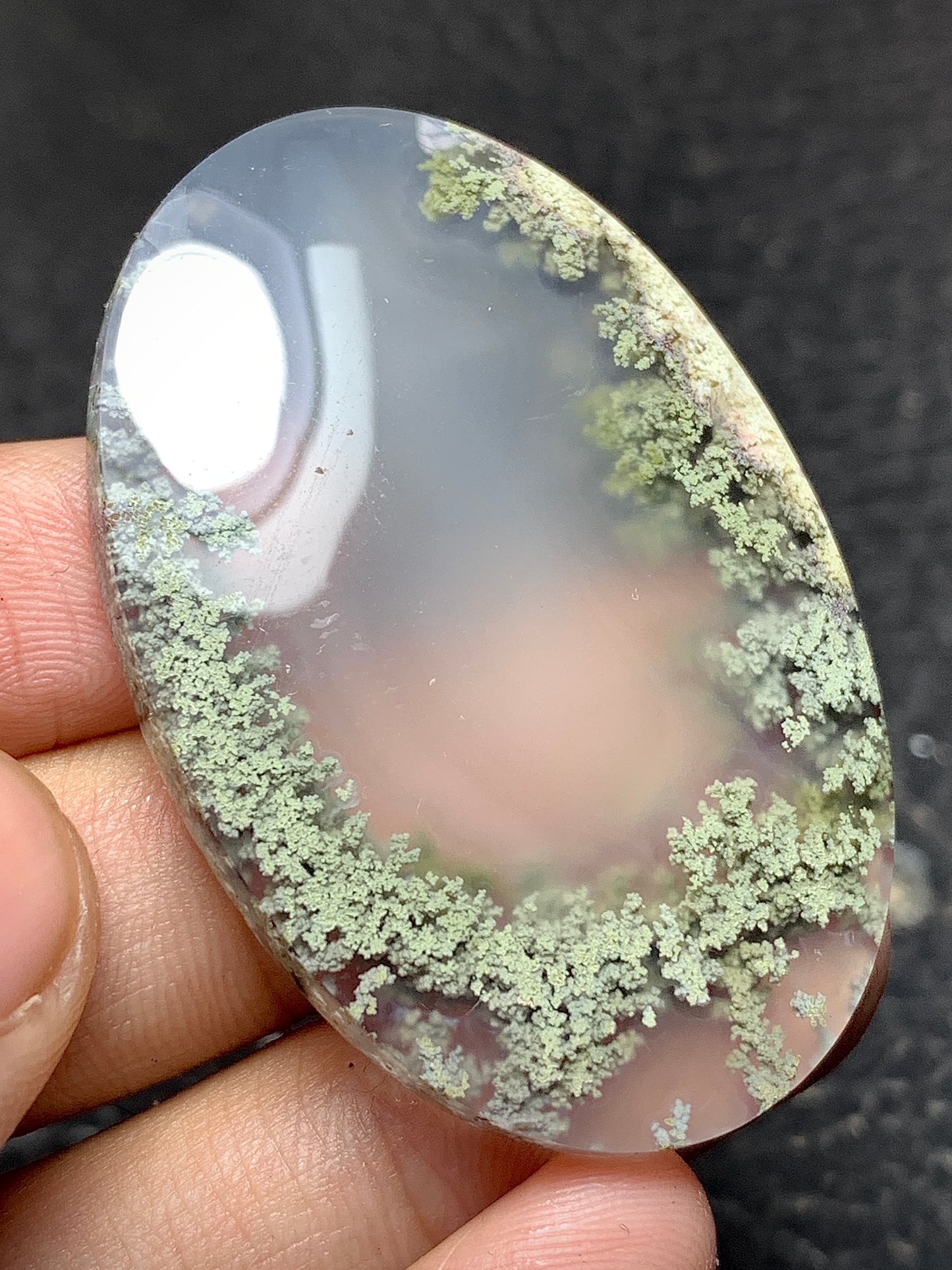 Rare Scenic Moss Agate Oval Cabochon 47x32x7 mm with Lake Pattern