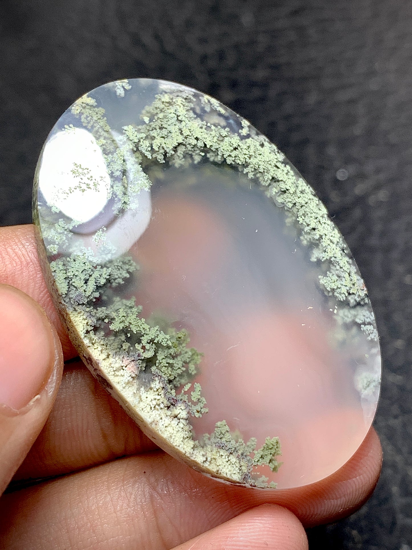 Rare Scenic Moss Agate Oval Cabochon 47x32x7 mm with Lake Pattern