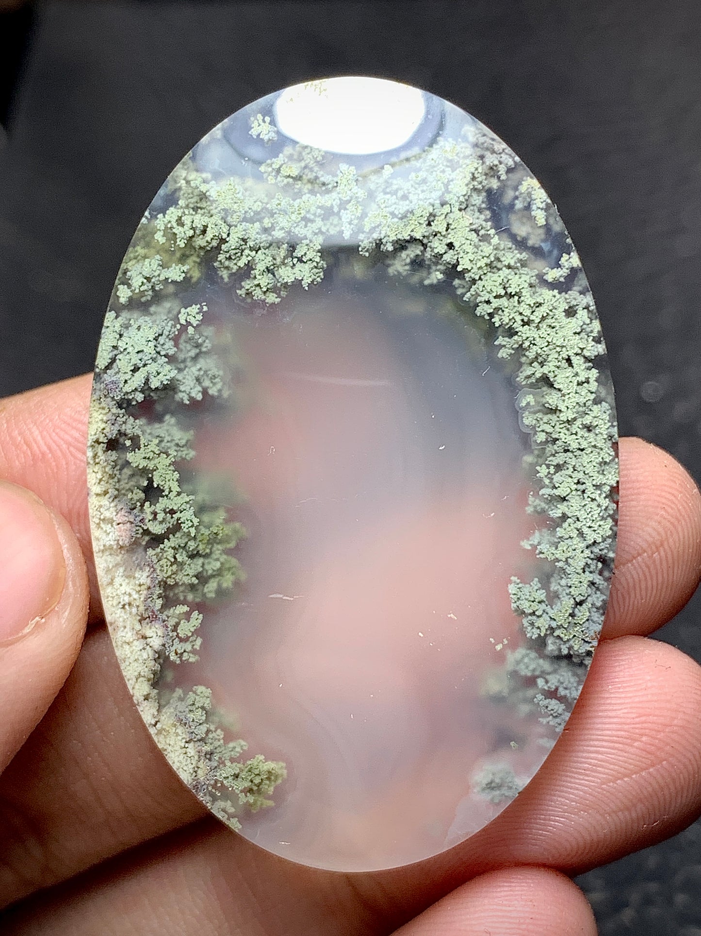 Rare Scenic Moss Agate Oval Cabochon 47x32x7 mm with Lake Pattern