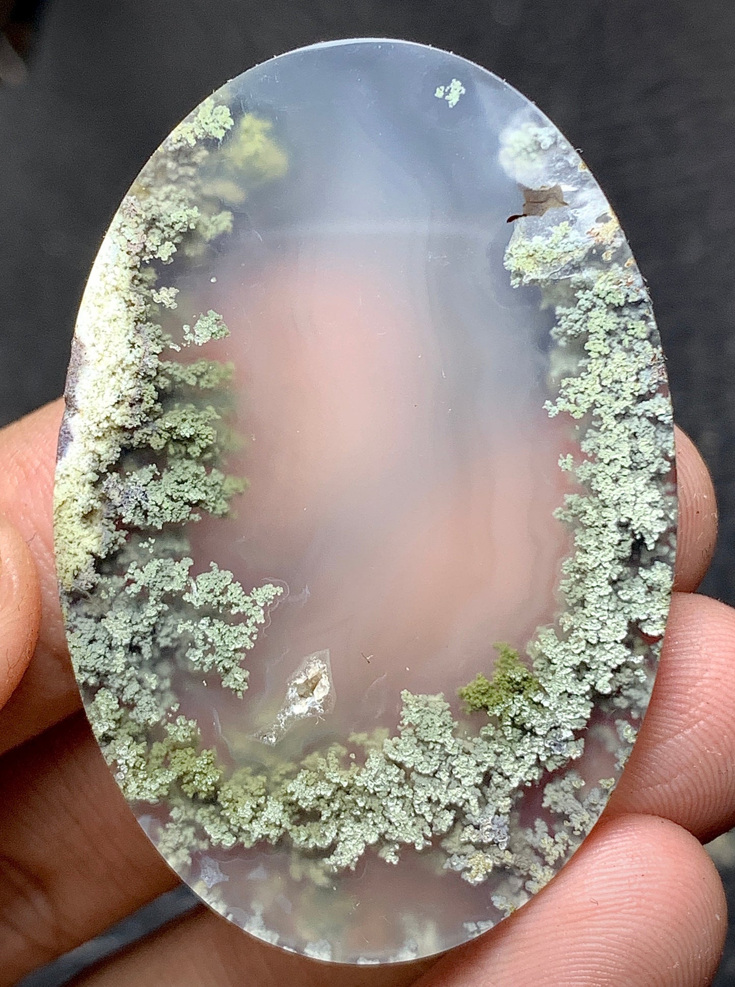 Rare Scenic Moss Agate Oval Cabochon 47x32x7 mm with Lake Pattern