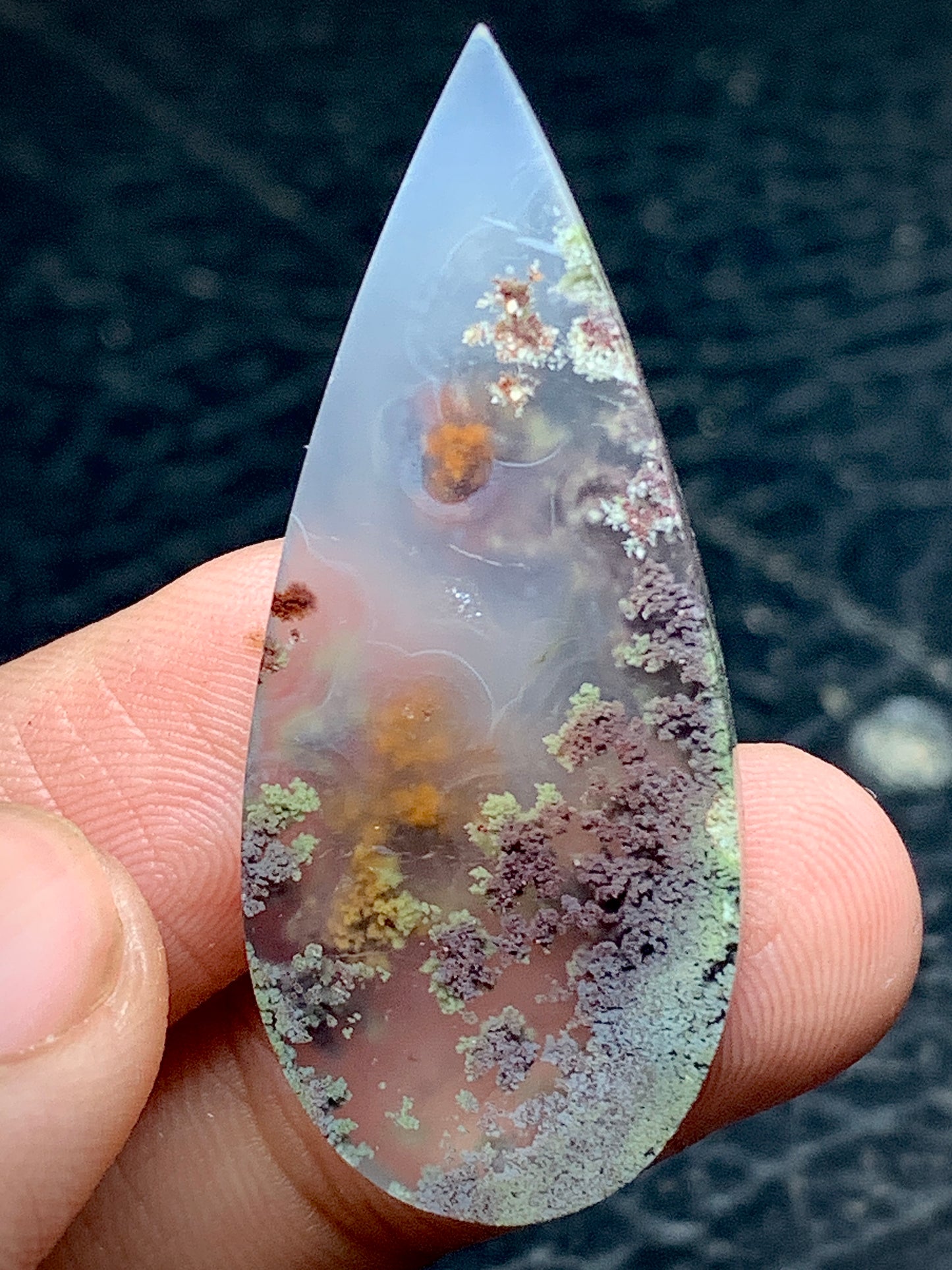 Scenic Moss Agate Teardrop Cabochon 42x17.7x7 mm, underwater pattern