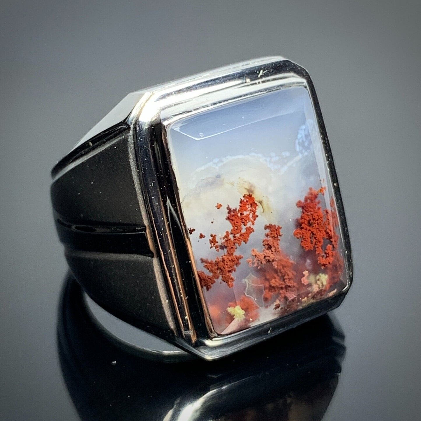 Scenic Moss Agate Rings 19x15x7mm, 9,5 USA/Canada