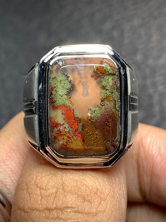 Scenic Moss Agate Rings 15x11x6.5mm, 9 USA/Canada