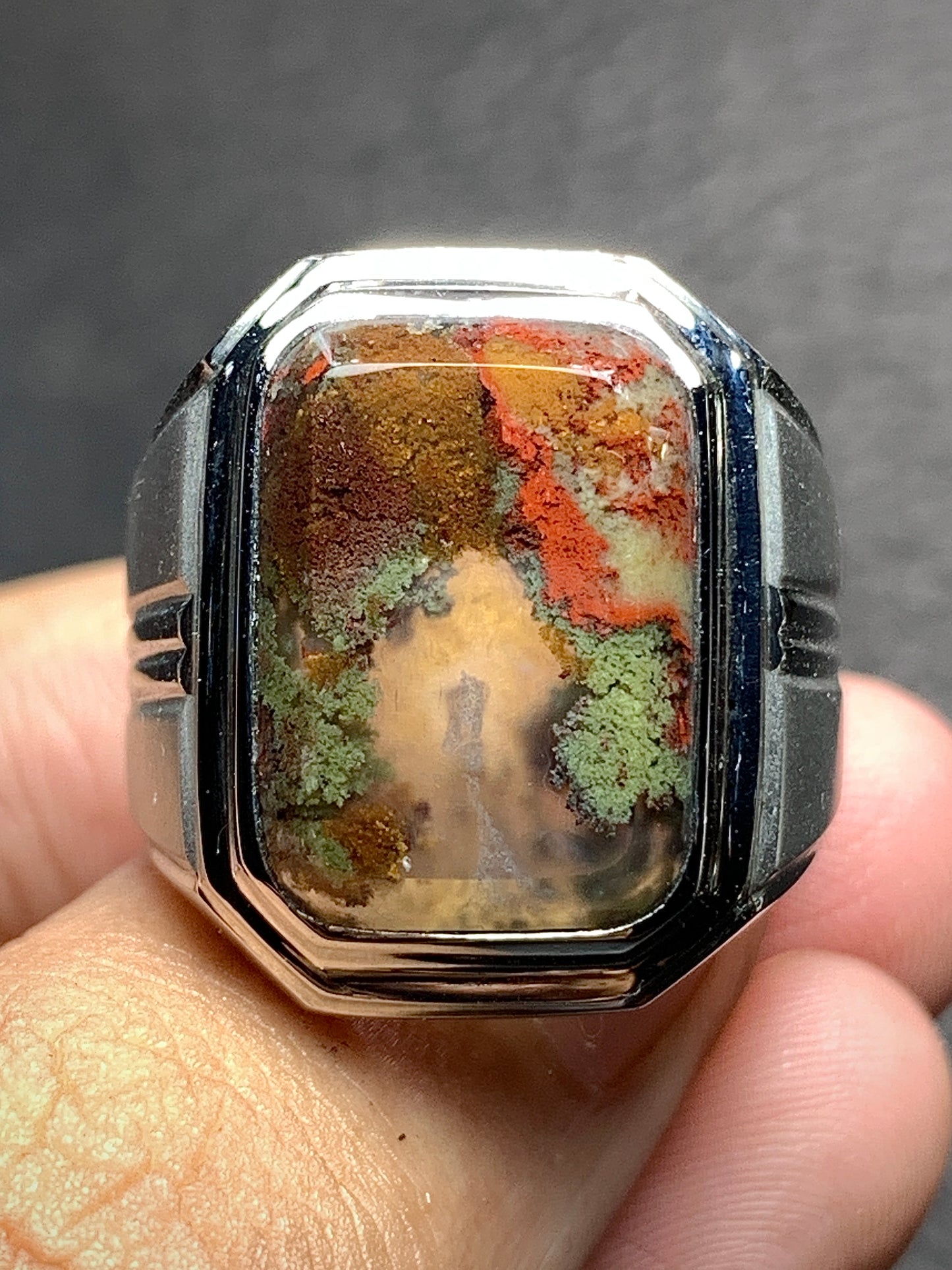 Scenic Moss Agate Rings 15x11x6.5mm, 9 USA/Canada