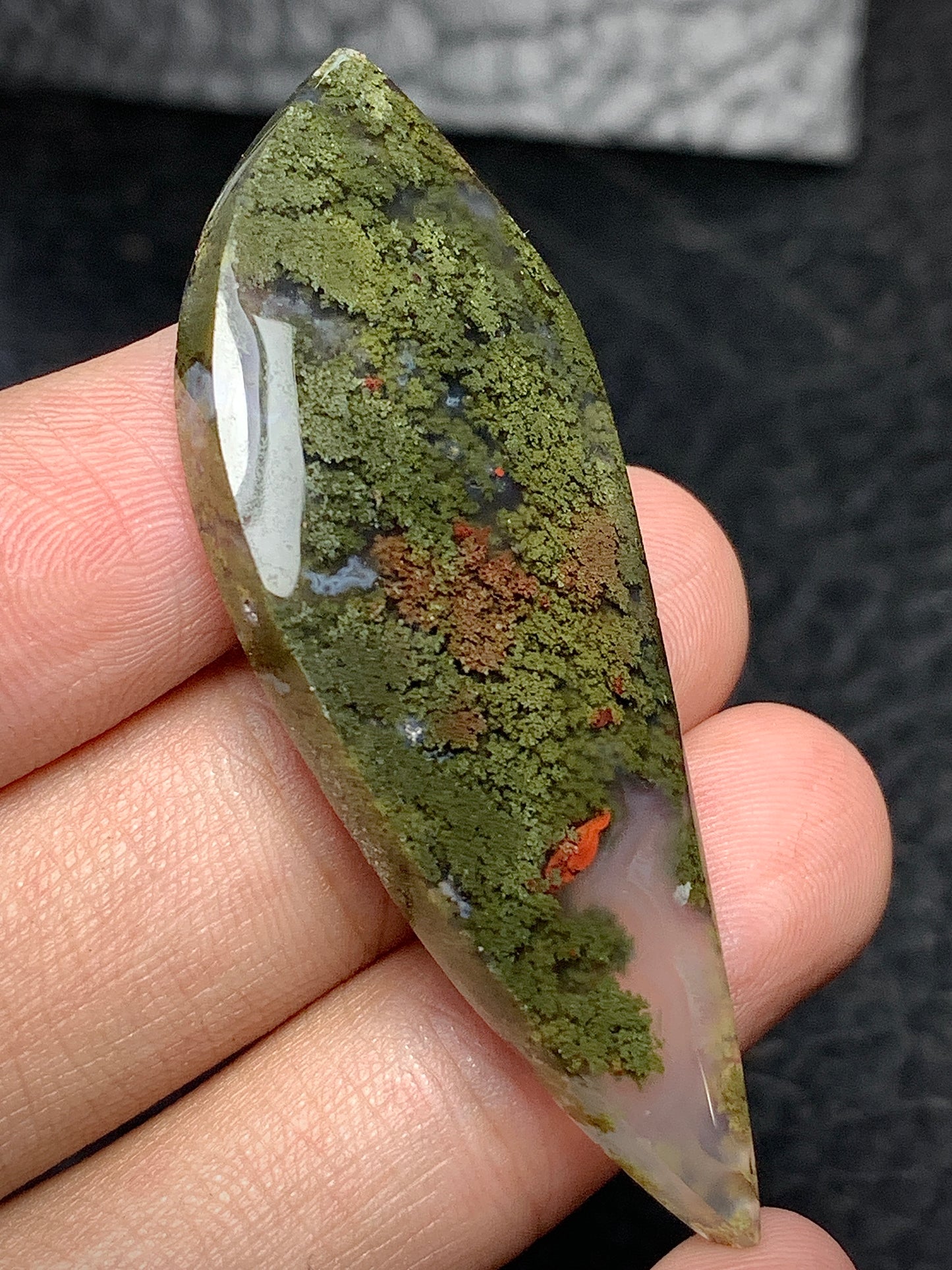 Scenic Moss Agate Teardrop Cabochon 54.5x20.5x6mm