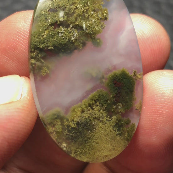 . Green Java Moss Agate Cabochon: Unique Underwater Scenery Patterns. 36 x 22.2 x 4.5 mm Oval Shape. 