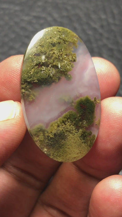 . Green Java Moss Agate Cabochon: Unique Underwater Scenery Patterns. 36 x 22.2 x 4.5 mm Oval Shape. 