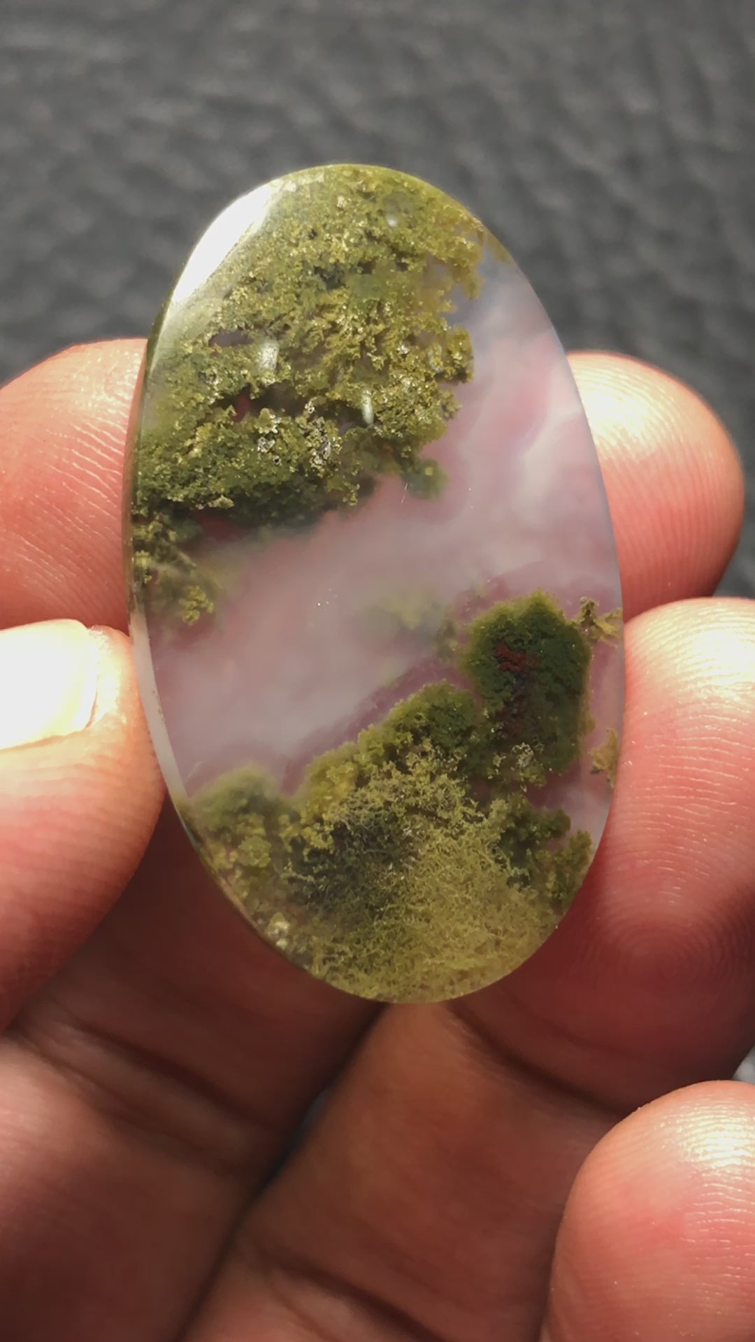 . Green Java Moss Agate Cabochon: Unique Underwater Scenery Patterns. 36 x 22.2 x 4.5 mm Oval Shape. 