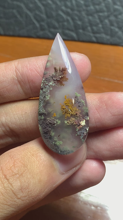 Scenic Moss Agate Teardrop Cabochon 42x17.7x7 mm, underwater pattern