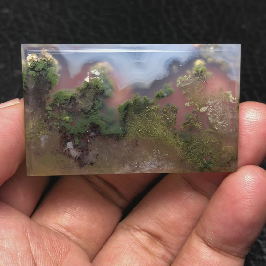 "Scenic Moss Agate cabochon with intricate underwater landscape patterns - measures 52.5 x 32 x 5mm.