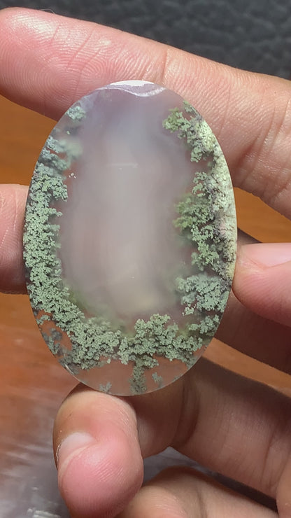 Rare Scenic Moss Agate Oval Cabochon 47x32x7 mm with Lake Pattern